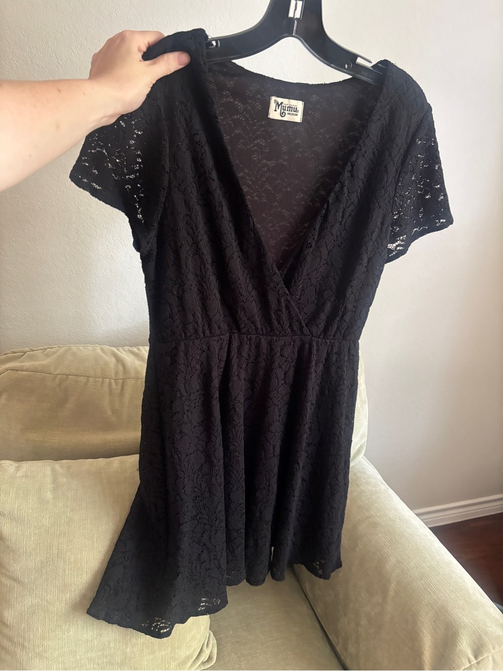 Black Lace Short Sleeve V-Neck Dress
